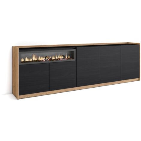 Skraut Home - Buffet salon et cuisine, Commode, 260x37x80cm, 5 Portes, Cheminée électrique, Noir et chêne (1/5)