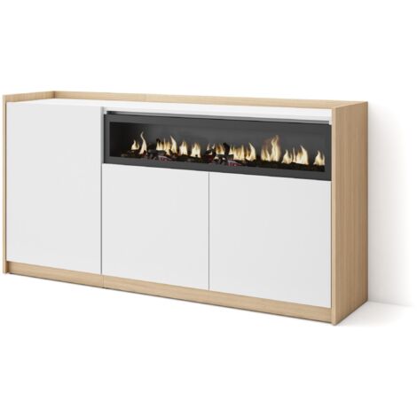 Skraut Home - Buffet salon et cuisine, Commode, 156x37x80cm, 3 Portes, Cheminée électrique, Blanc et Chêne Soft (1/5)
