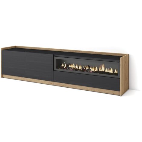 Skraut Home - Meuble TV, Banc Télé, 207x37x50cm, Pour les TV jusqu'à 80", Cheminée électrique, Noir et chêne (1/5)