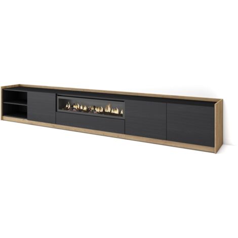 Skraut Home - Meuble TV, Banc Télé, 310x37x50cm, Pour les TV jusqu'à 80", Cheminée électrique, Noir et chêne (1/5)