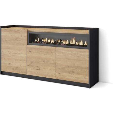 Skraut Home - Buffet salon et cuisine, Commode, 156x37x80cm, 3 Portes, Cheminée électrique, Chêne et noir (1/5)