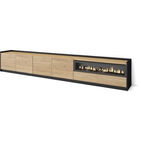 Skraut Home - Meuble TV, Banc Télé, 310x37x50cm, Pour les TV jusqu'à 80", Cheminée électrique, Chêne et noir (1/5)