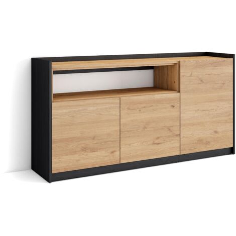 Skraut Home - Buffet salon et cuisine, Commode, 156x37x80cm, 3 Portes, Meuble chaussure, Chêne et noir (1/5)