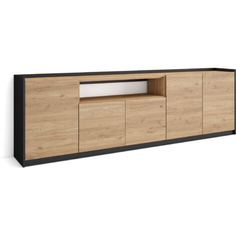 Skraut Home - Buffet salon et cuisine, Commode, 260x37x80cm, 5 Portes, Meuble chaussure, Chêne et noir (1/5)