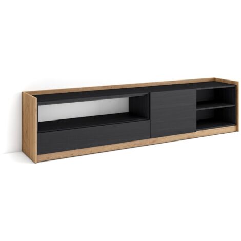 Skraut Home - Meuble TV, Banc Télé, 207x37x50cm, Pour les TV jusqu'à 80", Noir et chêne (1/5)