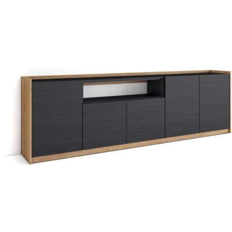 Skraut Home - Buffet salon et cuisine, Commode, 260x37x80cm, 5 Portes, Meuble chaussure, Noir et chêne (1/5)
