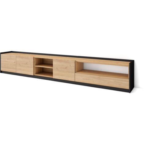 Skraut Home - Meuble TV, Banc Télé, 310x37x50cm, Pour les TV jusqu'à 80", Chêne et noir (1/5)