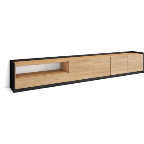 Skraut Home - Meuble TV, Banc Télé, 310x37x50cm, Pour les TV jusqu'à 80", Chêne et noir (1/5)