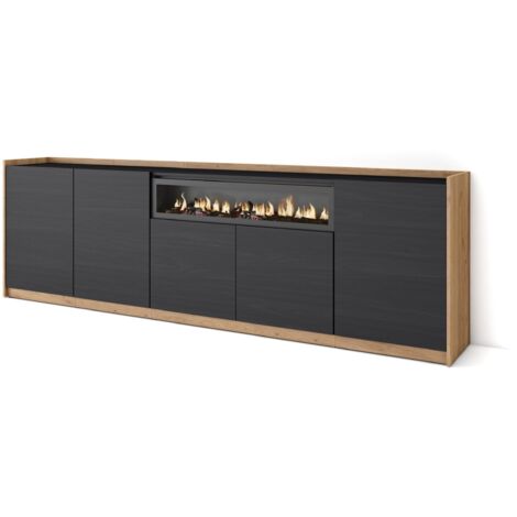 Skraut Home - Buffet salon et cuisine, Commode, 260x37x80cm, 5 Portes, Cheminée électrique, Noir et chêne (1/5)