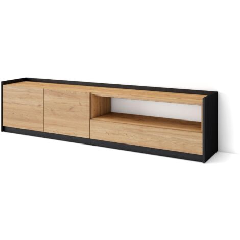 Skraut Home - Meuble TV, Banc Télé, 207x37x50cm, Pour les TV jusqu'à 80", Chêne et noir (1/5)