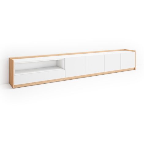 Skraut Home - Meuble TV, Banc Télé, 310x37x50cm, Pour les TV jusqu'à 80", Blanc et Chêne Soft (1/5)