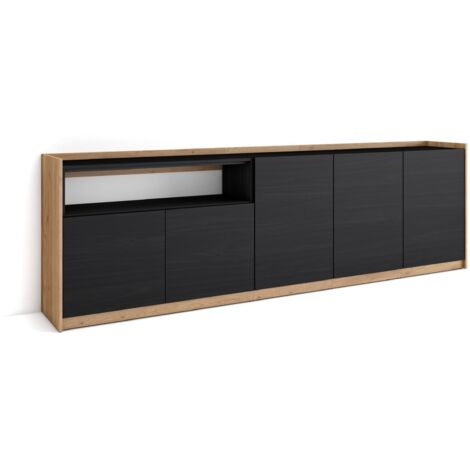 Skraut Home - Buffet salon et cuisine, Commode, 260x37x80cm, 5 Portes, Meuble chaussure, Noir et chêne (1/5)