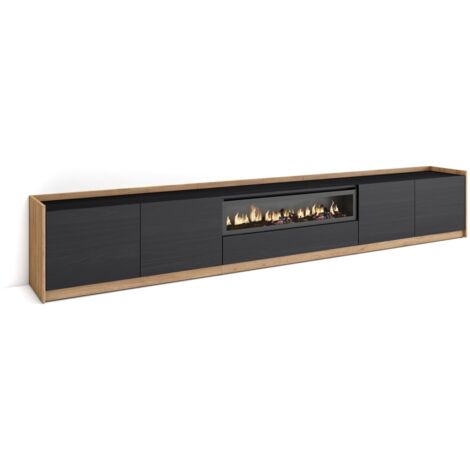 Skraut Home - Meuble TV, Banc Télé, 310x37x50cm, Pour les TV jusqu'à 80", Cheminée électrique, Noir et chêne (1/5)