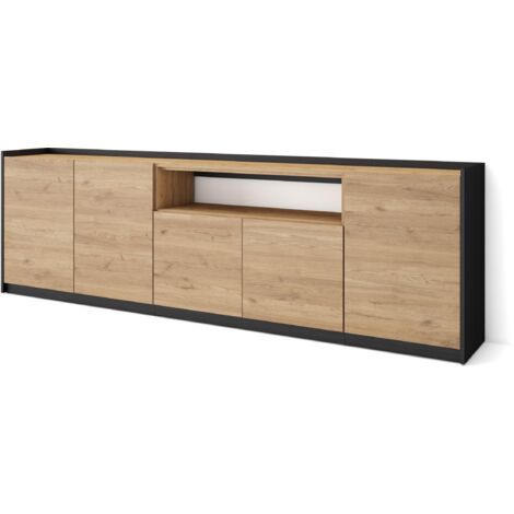 Skraut Home - Buffet salon et cuisine, Commode, 260x37x80cm, 5 Portes, Meuble chaussure, Chêne et noir (1/5)
