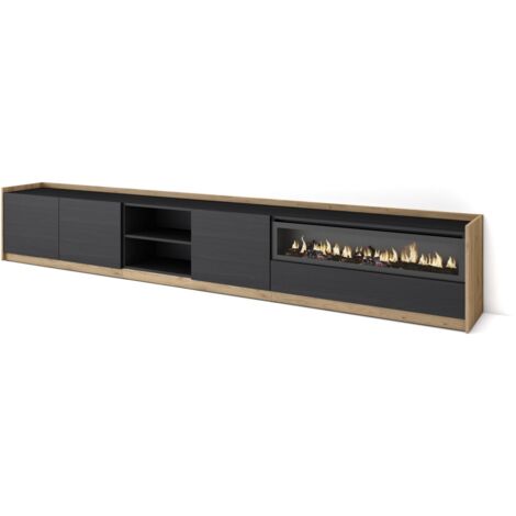 Skraut Home - Meuble TV, Banc Télé, 310x37x50cm, Pour les TV jusqu'à 80", Cheminée électrique, Noir et chêne (1/5)