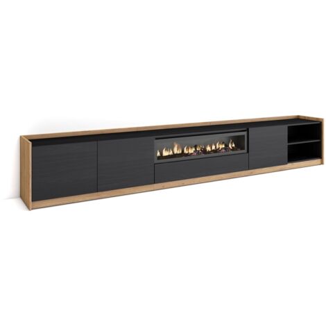 Skraut Home - Meuble TV, Banc Télé, 310x37x50cm, Pour les TV jusqu'à 80", Cheminée électrique, Noir et chêne (1/5)
