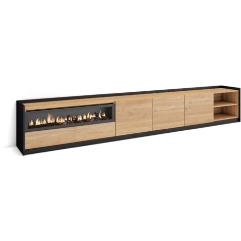 Skraut Home - Meuble TV, Banc Télé, 310x37x50cm, Pour les TV jusqu'à 80", Cheminée électrique, Chêne et noir (1/5)