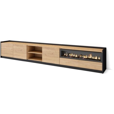 Skraut Home - Meuble TV, Banc Télé, 310x37x50cm, Pour les TV jusqu'à 80", Cheminée électrique, Chêne et noir (1/5)