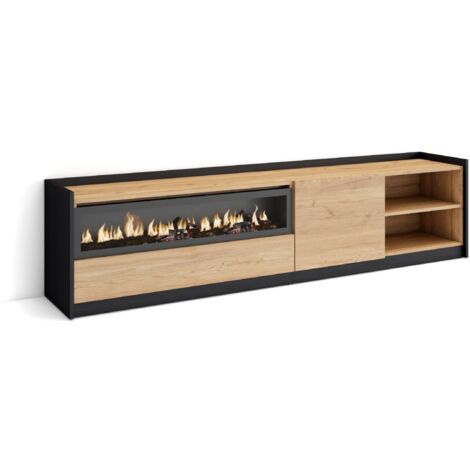 Skraut Home - Meuble TV, Banc Télé, 207x37x50cm, Pour les TV jusqu'à 80", Cheminée électrique, Chêne et noir (1/5)