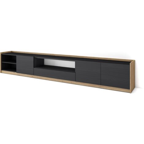 Skraut Home - Meuble TV, Banc Télé, 310x37x50cm, Pour les TV jusqu'à 80", Noir et chêne (1/5)