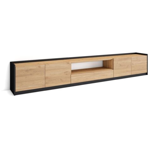 Skraut Home - Meuble TV, Banc Télé, 310x37x50cm, Pour les TV jusqu'à 80", Chêne et noir (1/5)