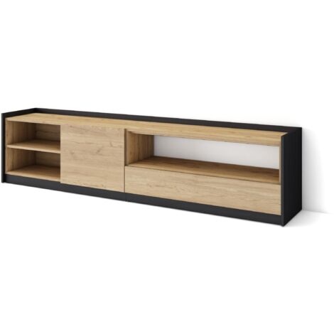Skraut Home - Meuble TV, Banc Télé, 207x37x50cm, Pour les TV jusqu'à 80", Chêne et noir (1/5)