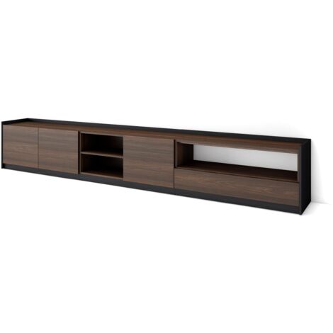 Skraut Home - Meuble TV, Banc Télé, 310x37x50cm, Pour les TV jusqu'à 80", Chêne foncé et Noir (1/5)