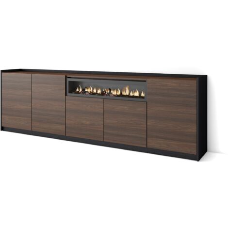 Skraut Home - Buffet salon et cuisine, Commode, 260x37x80cm, 5 Portes, Cheminée électrique, Chêne foncé et Noir (1/5)
