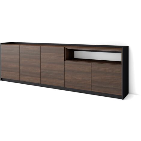 Skraut Home - Buffet salon et cuisine, Commode, 260x37x80cm, 5 Portes, Meuble chaussure, Chêne foncé et Noir (1/5)