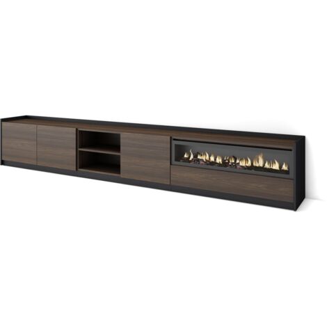 Skraut Home - Meuble TV, Banc Télé, 310x37x50cm, Pour les TV jusqu'à 80", Cheminée électrique, Chêne foncé et Noir (1/5)