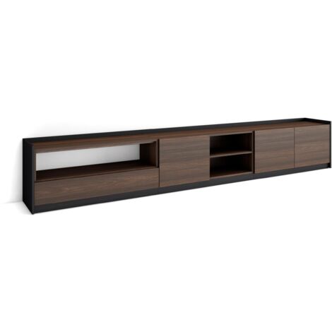 Skraut Home - Meuble TV, Banc Télé, 310x37x50cm, Pour les TV jusqu'à 80", Chêne foncé et Noir (1/5)