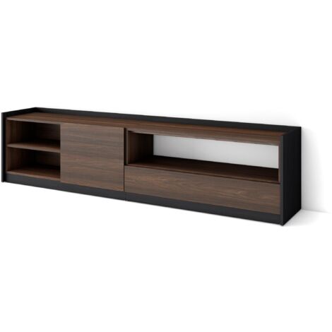 Skraut Home - Meuble TV, Banc Télé, 207x37x50cm, Pour les TV jusqu'à 80", Chêne foncé et Noir (1/5)