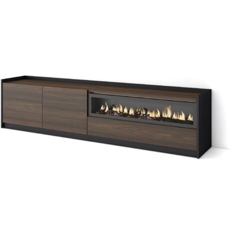 Skraut Home - Meuble TV, Banc Télé, 207x37x50cm, Pour les TV jusqu'à 80", Cheminée électrique, Chêne foncé et Noir (1/5)