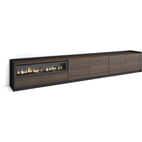 Skraut Home - Meuble TV, Banc Télé, 310x37x50cm, Pour les TV jusqu'à 80", Cheminée électrique, Chêne foncé et Noir (1/5)
