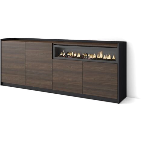 Skraut Home - Buffet salon et cuisine, Commode, 207x37x80cm, 4 Portes, Cheminée électrique, Chêne foncé et Noir (1/5)