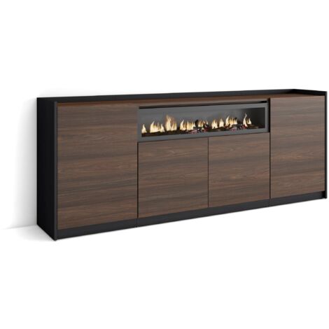 Skraut Home – Buffet salon et cuisine 207x37x80cm – 4 portes – Cheminée électrique LED – Chêne foncé et noir – Module avec rangement