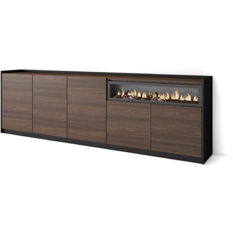 Skraut Home - Buffet salon et cuisine, Commode, 260x37x80cm, 5 Portes, Cheminée électrique, Chêne foncé et Noir (1/5)