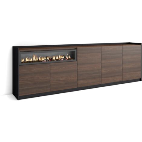 Skraut Home - Buffet salon et cuisine, Commode, 260x37x80cm, 5 Portes, Cheminée électrique, Chêne foncé et Noir (1/5)