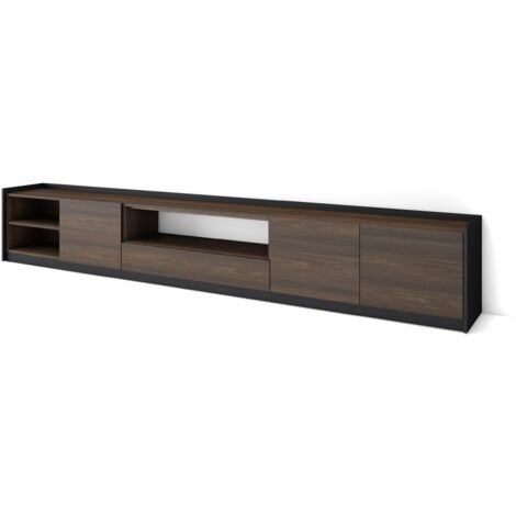 Skraut Home - Meuble TV, Banc Télé, 310x37x50cm, Pour les TV jusqu'à 80", Chêne foncé et Noir (1/5)