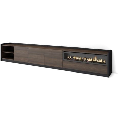 Skraut Home - Meuble TV, Banc Télé, 310x37x50cm, Pour les TV jusqu'à 80", Cheminée électrique, Chêne foncé et Noir (1/5)