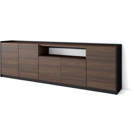 Skraut Home - Buffet salon et cuisine, Commode, 260x37x80cm, 5 Portes, Meuble chaussure, Chêne foncé et Noir (1/5)