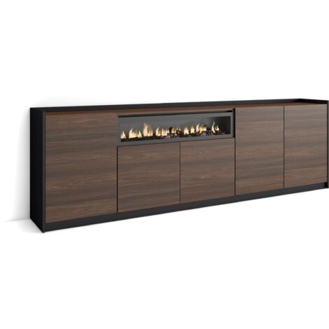 Skraut Home - Buffet salon et cuisine, Commode, 260x37x80cm, 5 Portes, Cheminée électrique, Chêne foncé et Noir (1/5)