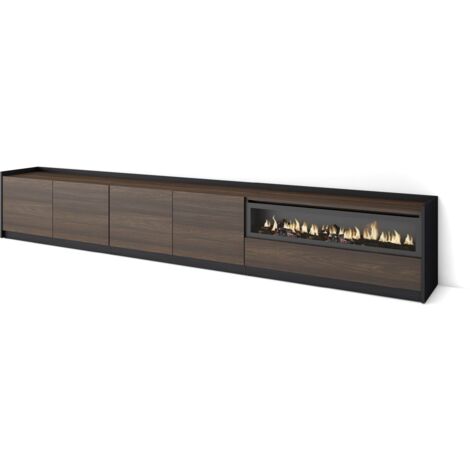Skraut Home - Meuble TV, Banc Télé, 310x37x50cm, Pour les TV jusqu'à 80", Cheminée électrique, Chêne foncé et Noir (1/5)