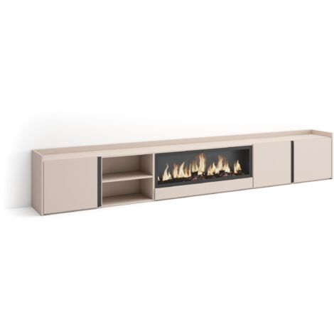 Skraut Home - Meuble TV, Banc Télé, Grand espace de Rangement, 315x35x50cm, Pour les TV jusqu'à 80", Cheminée électrique XXL, Style moderne, Beige (1/5)