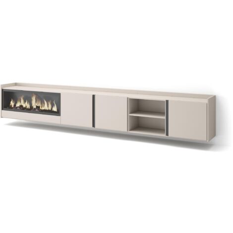 Skraut Home - Meuble TV, Banc Télé, Grand espace de Rangement, 315x35x50cm, Pour les TV jusqu'à 80", Cheminée électrique XXL, Suspendu, Mural, Style moderne, Beige (1/5)