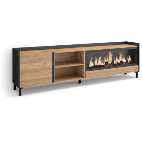 Skraut Home - Meuble TV, Banc Télé, Grand espace de Rangement, 212x35x61cm, Pour les TV jusqu'à 80", Cheminée électrique XXL, Design industriel, Style moderne, Chêne et noir (1/5)