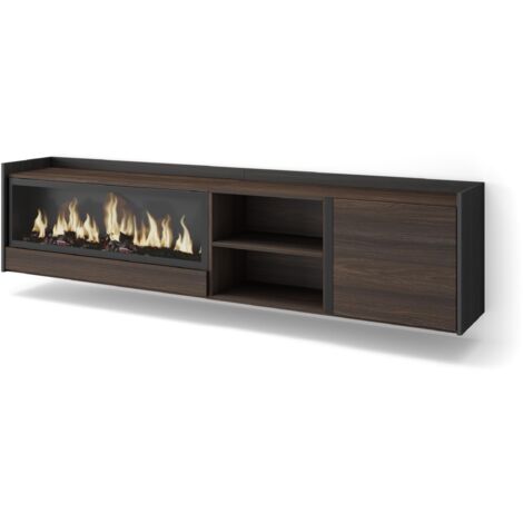Skraut Home - Meuble TV, Banc Télé, Grand espace de Rangement, 212x35x50cm, Pour les TV jusqu'à 80", Cheminée électrique XXL, Suspendu, Mural, Style moderne, Chêne foncé et Noir (1/5)
