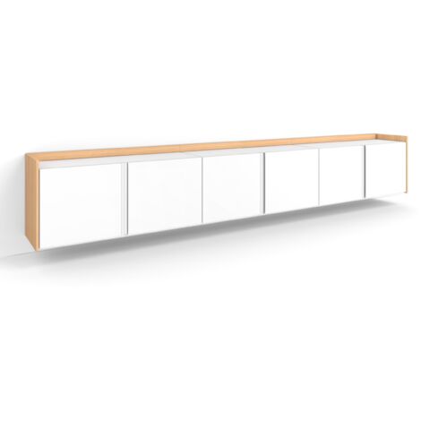 Skraut Home - Meuble TV, Banc Télé, Grand espace de Rangement, 309x35x50cm, Pour les TV jusqu'à 80", Suspendu, Mural, Style moderne, Blanc et Chêne Soft (1/5)