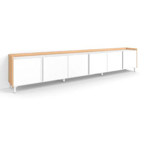 Skraut Home - Meuble TV, Banc Télé, Grand espace de Rangement, 309x35x61cm, Pour les TV jusqu'à 80", Design industriel, Style moderne, Blanc et Chêne Soft (1/5)
