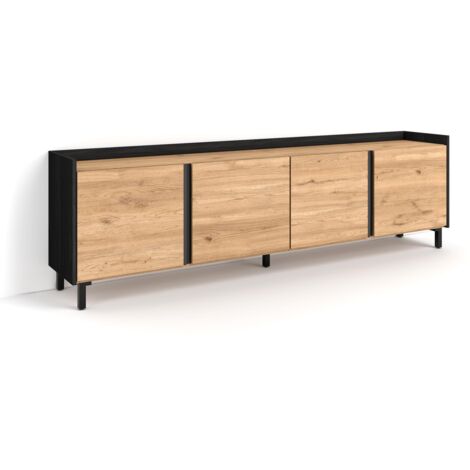 Skraut Home - Meuble TV, Banc Télé, Grand espace de Rangement, 207x35x61cm, Pour les TV jusqu'à 80", Design industriel, Style moderne, Chêne et noir (1/5)